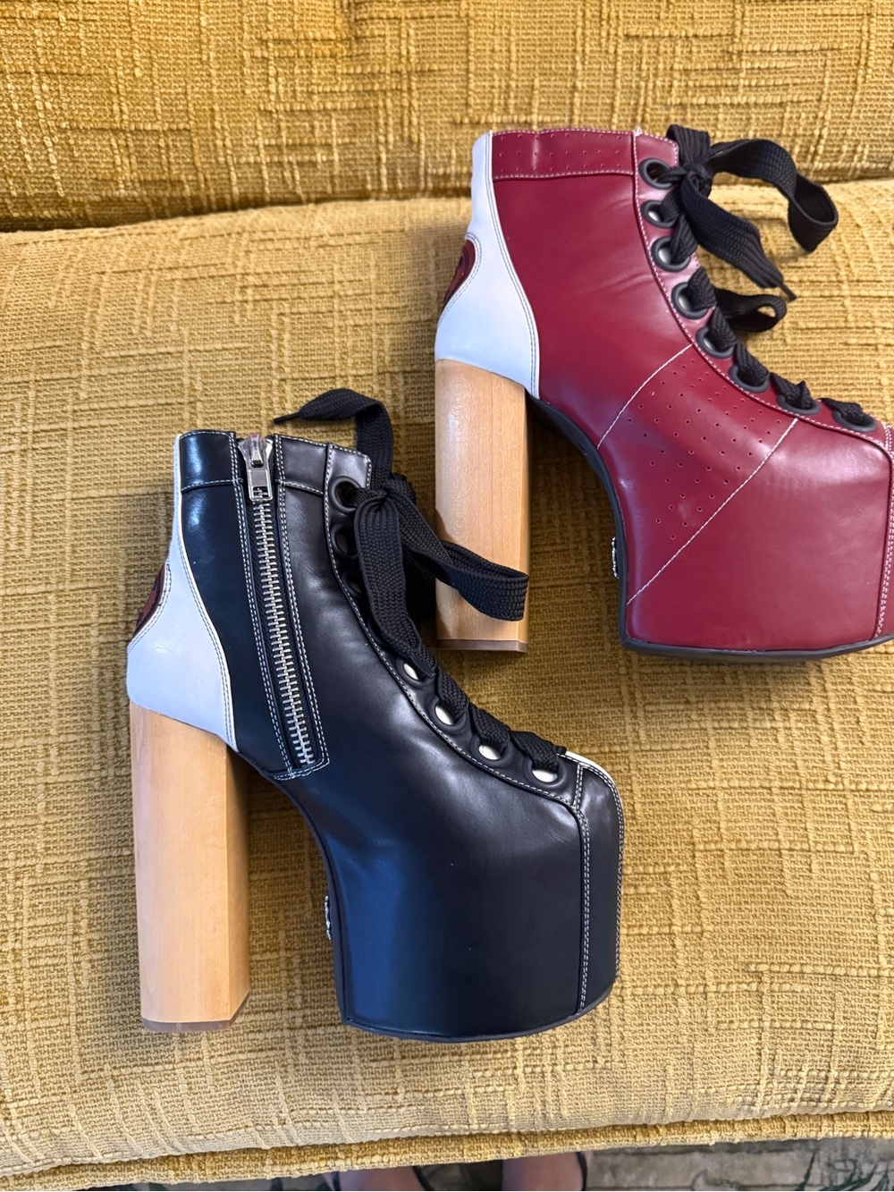 Two-Tone Bowling Platform Lace-Up Booties in Black and Burgundy